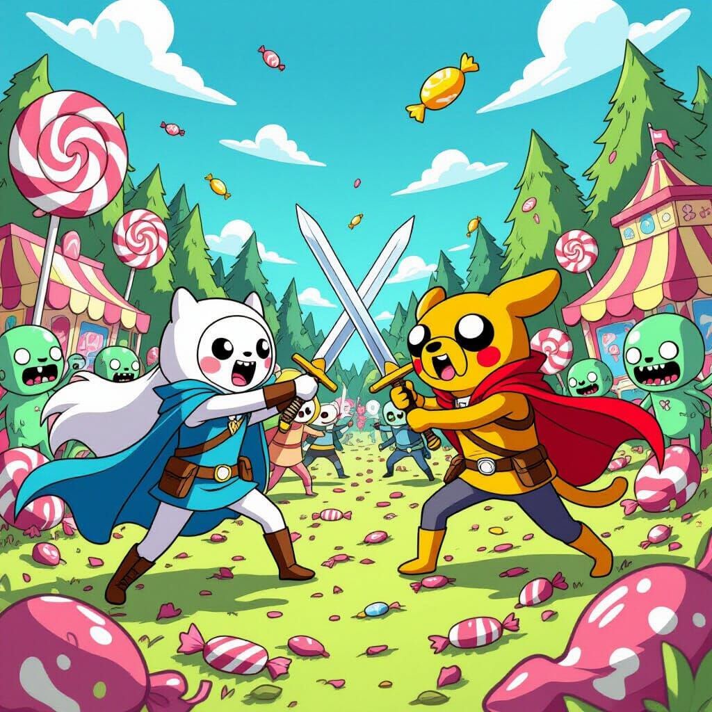 Fionna and Cake Battle Candy Zombies in Cartoon Style