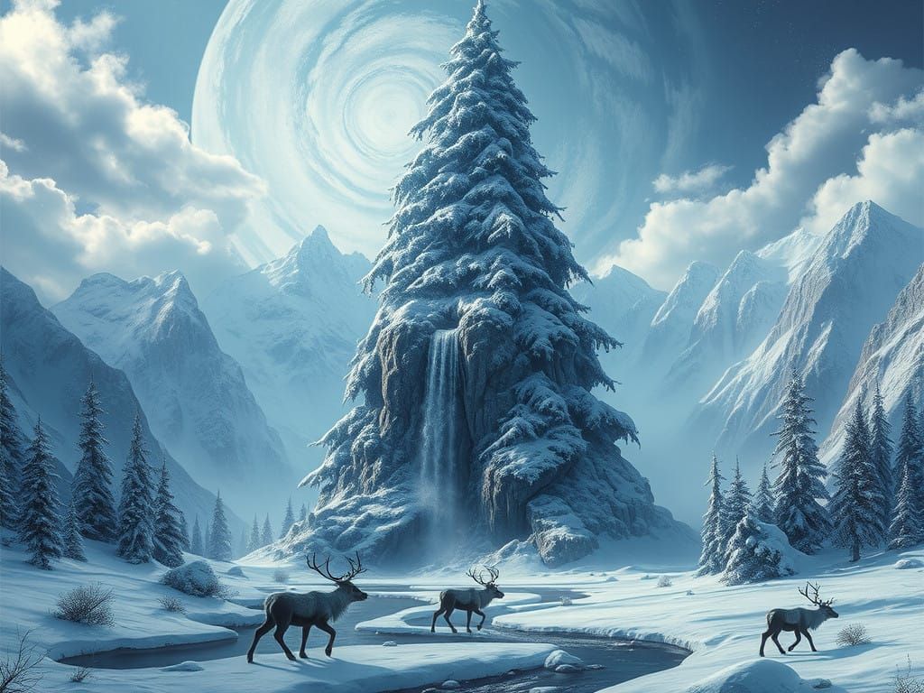 Surreal Christmas Landscape with Majestic Stone Tree and Fro...