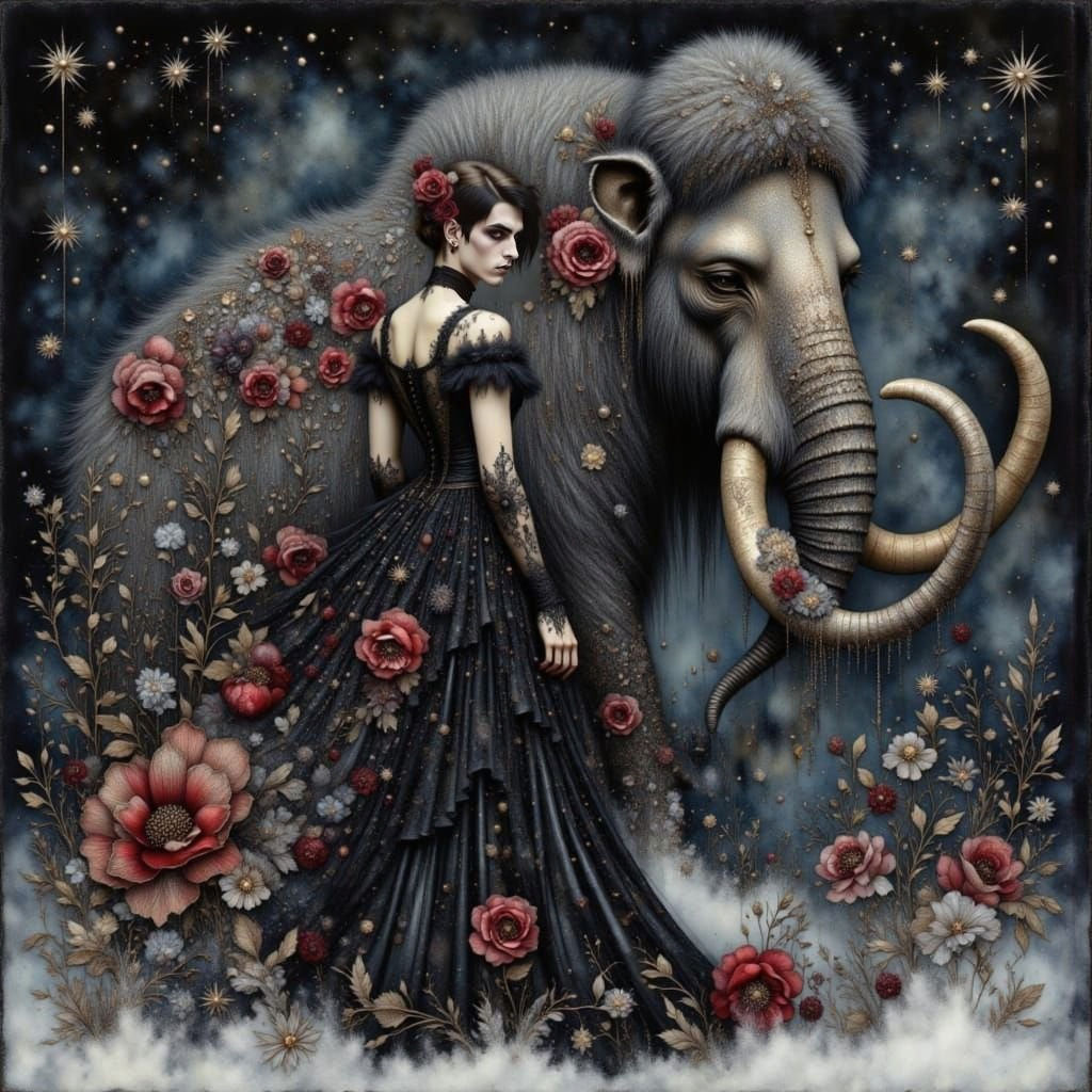 Goth Man in Rococo Gown with Mammoth in Snowy Fantasy