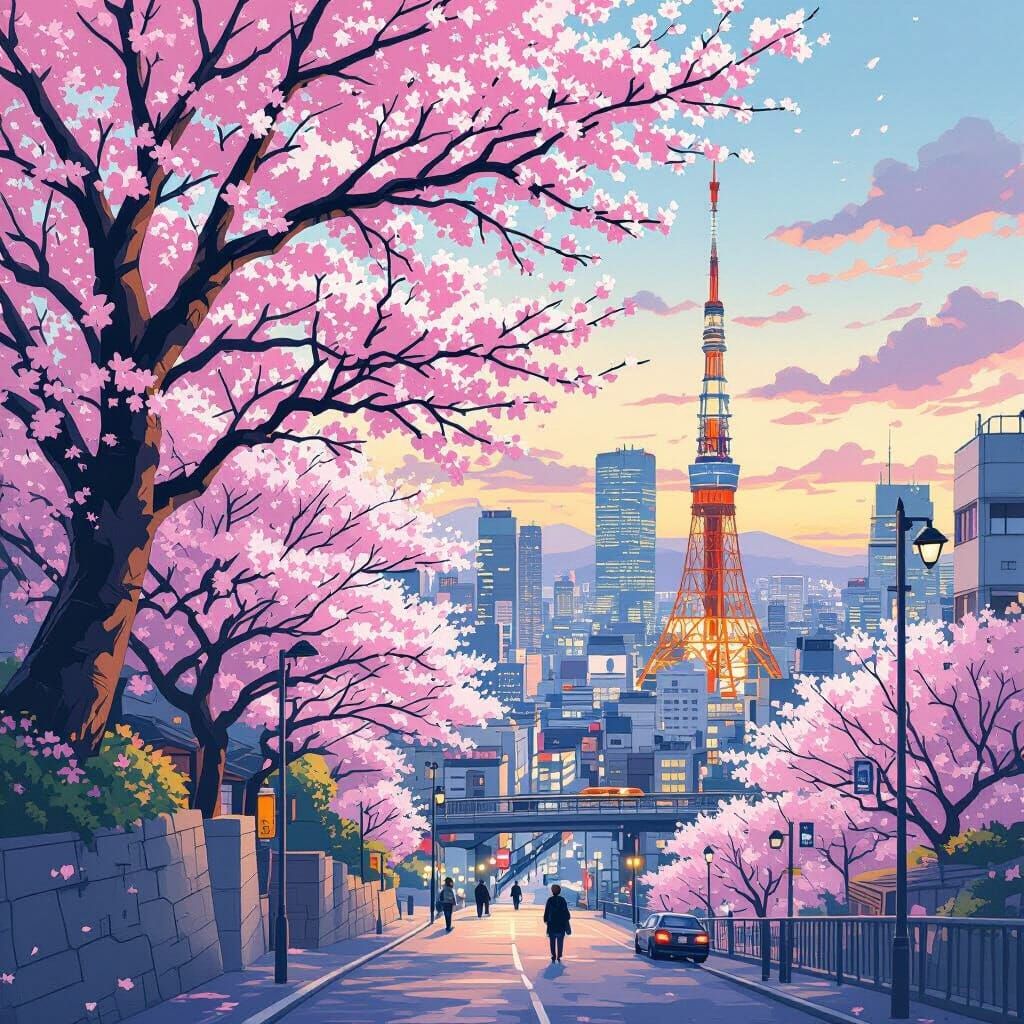 Tokyo Cityscape with Cherry Blossoms in Anime Style