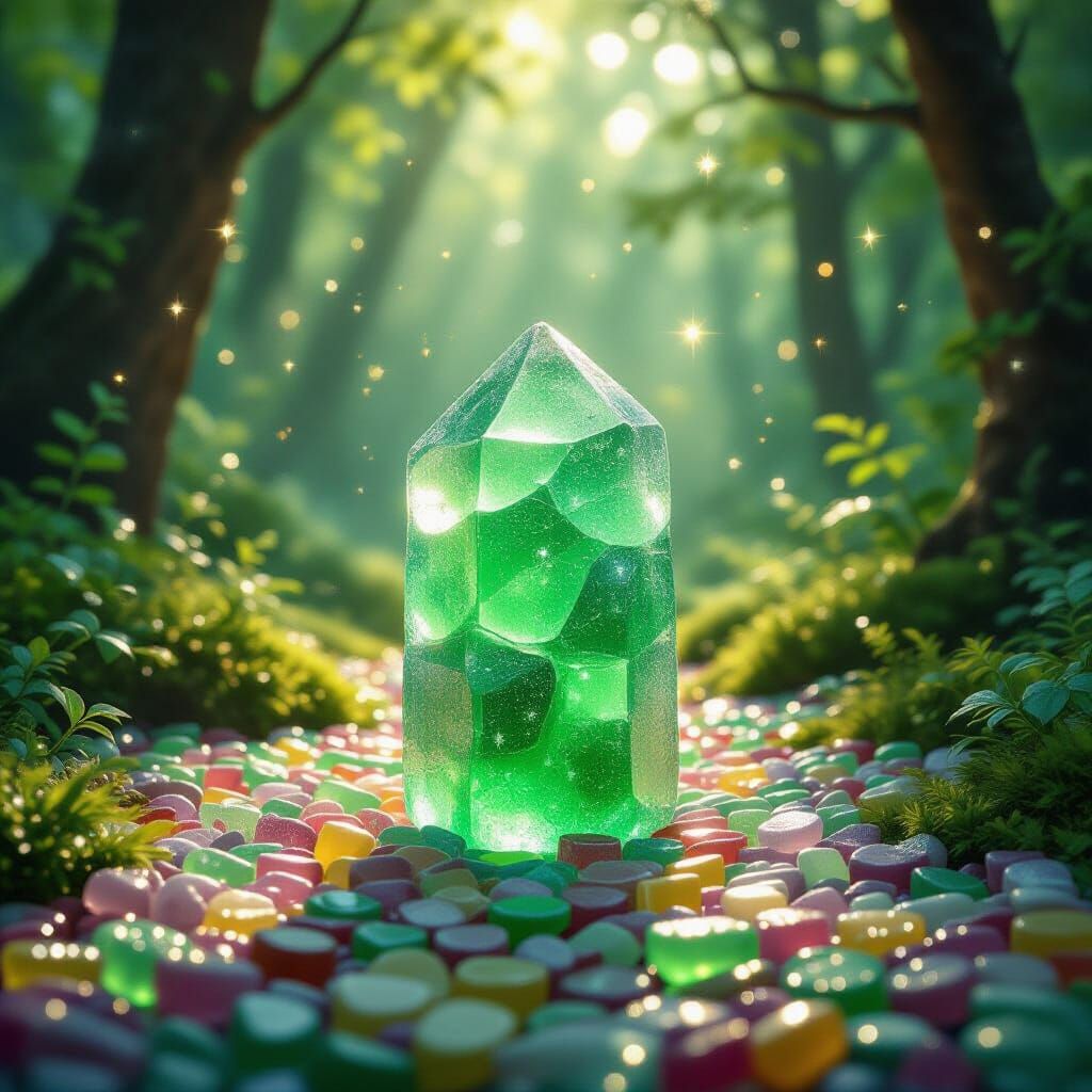 Vibrant Green Rock Candy in a Magical Candy Forest