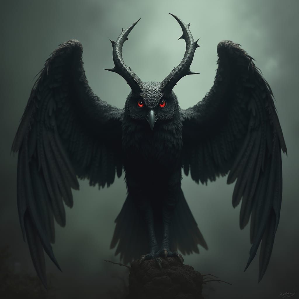Gothic Owl Guardian with Feathery Wings and Sharp Horns