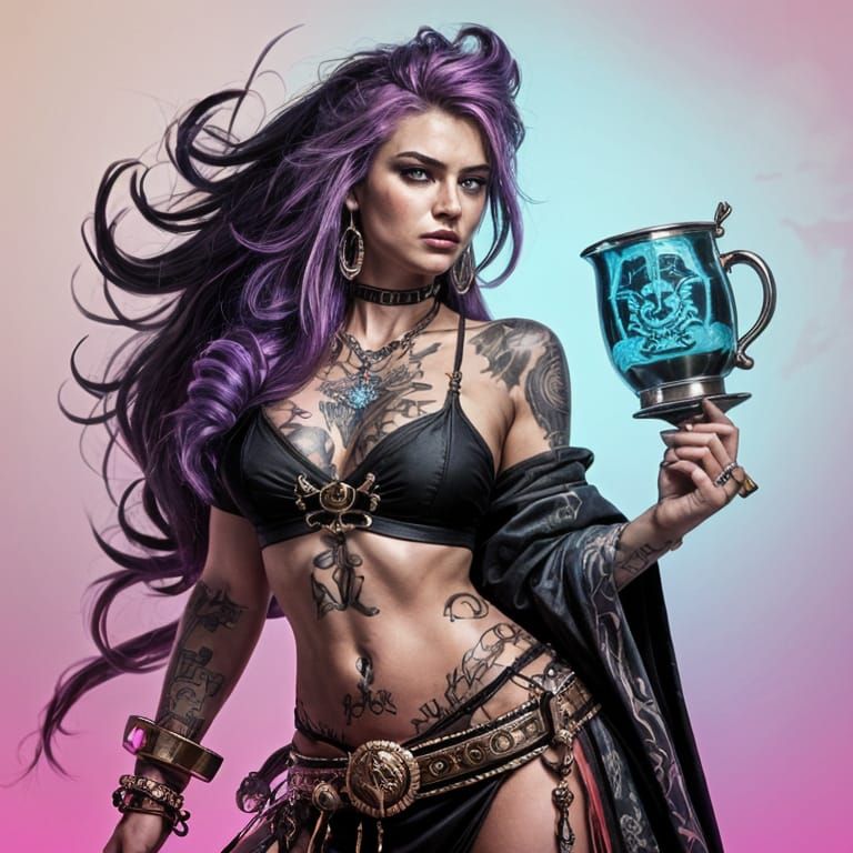 Fierce Pirate Queen with Cutlass in Synthwave Style