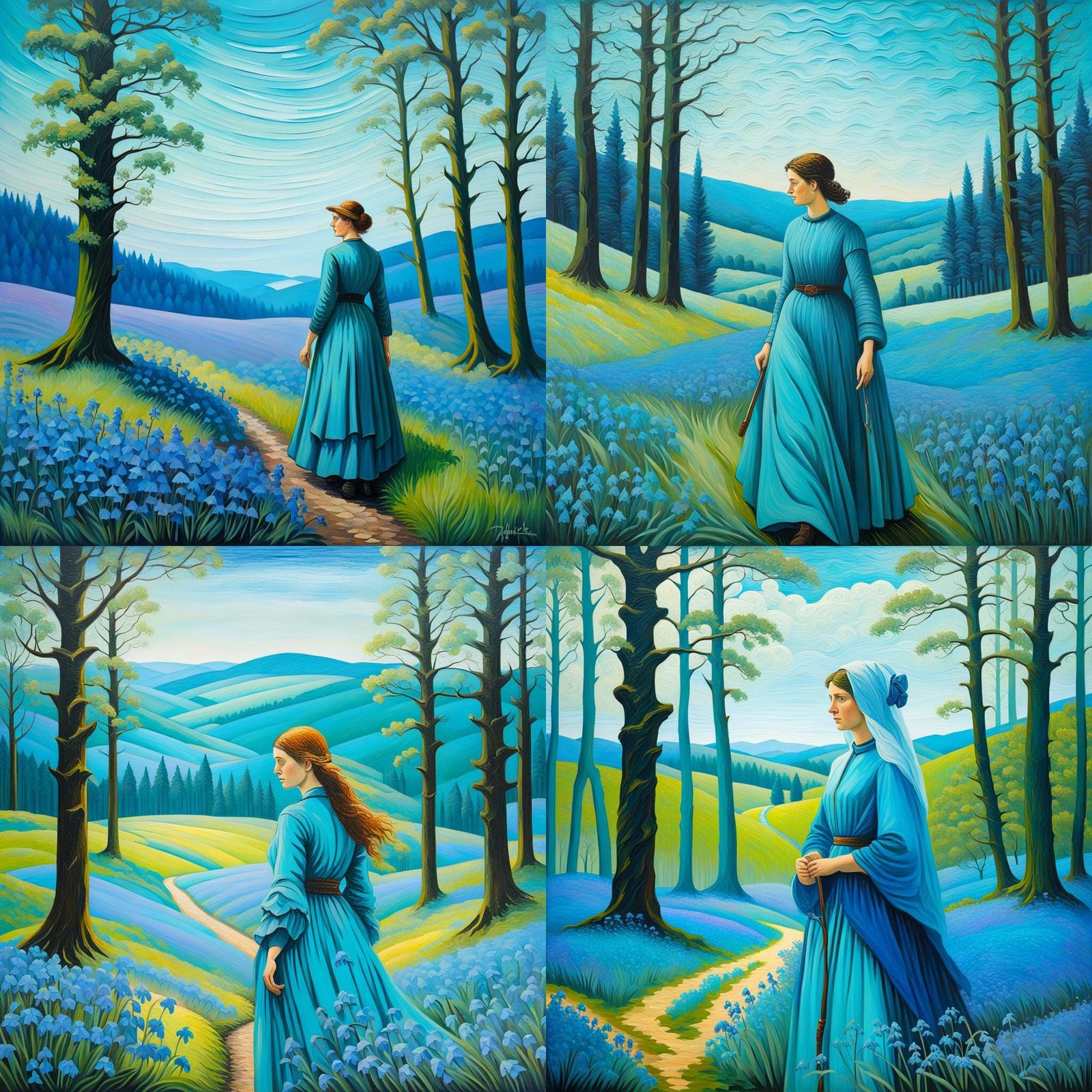 Woman with Bluebells in Turquoise Landscape as Oil Painting