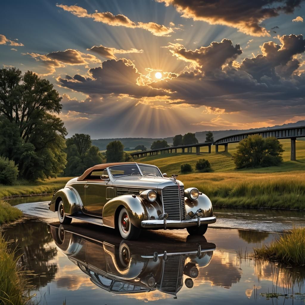 Art Deco Cadillac Roadster on Prairie, Surreal Painting