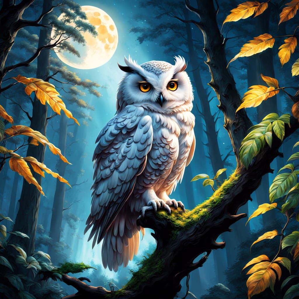 Moonlit Forest Sanctuary with Majestic White Owl