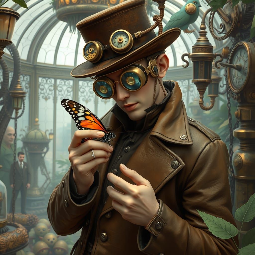 Steampunk Zoologist and Clockwork Butterfly in Conservatory