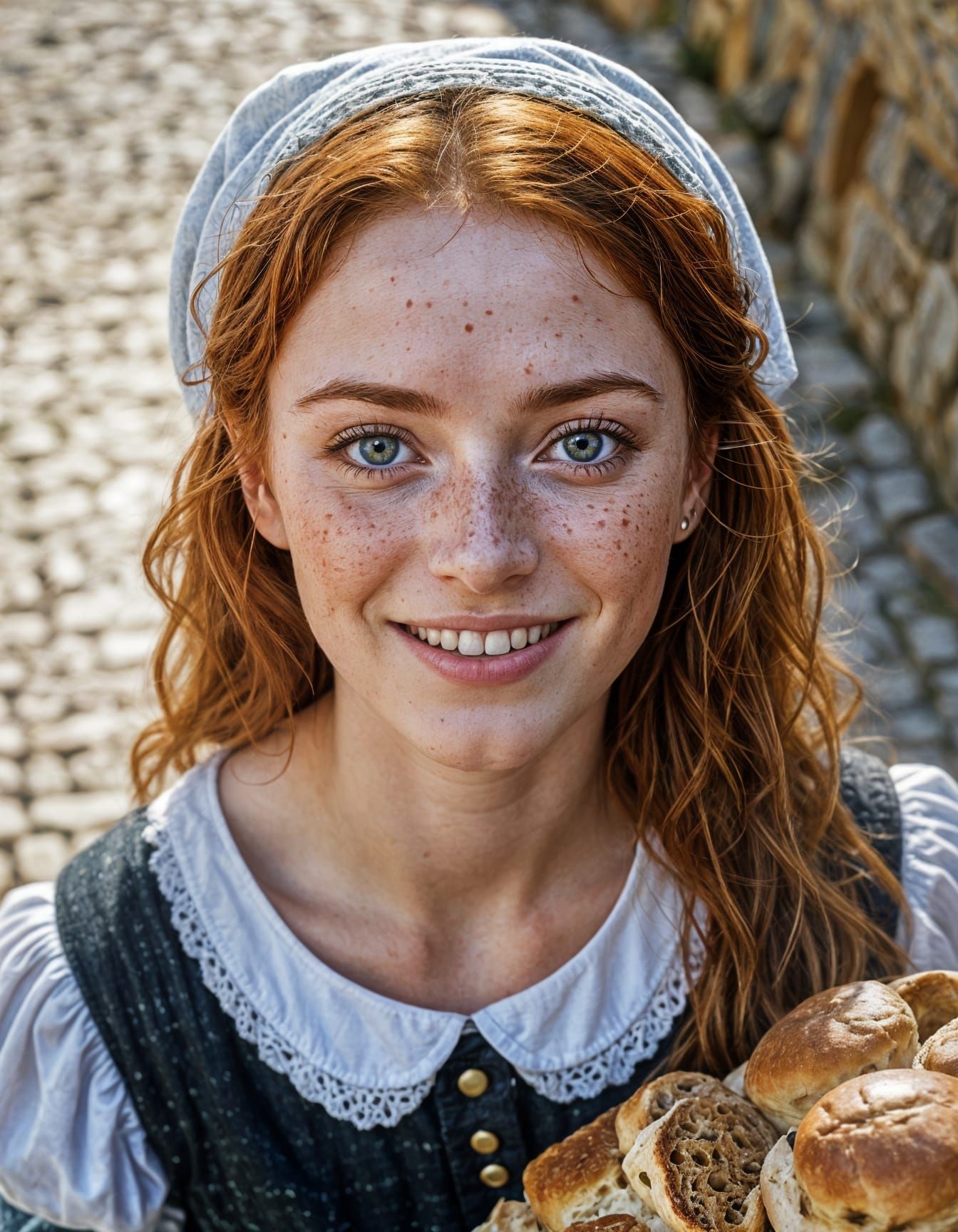 Medieval Redhead Girl Smiles in Cobblestone Street