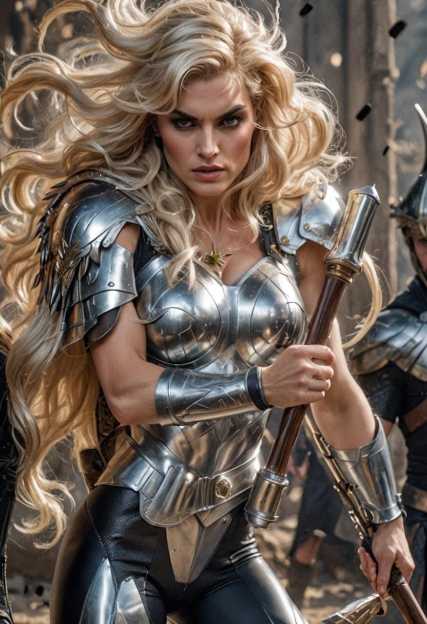 Valkyrie, voluminous 1960’s blonde hair, black leotard with silver breastcups, holding a mace in right hand