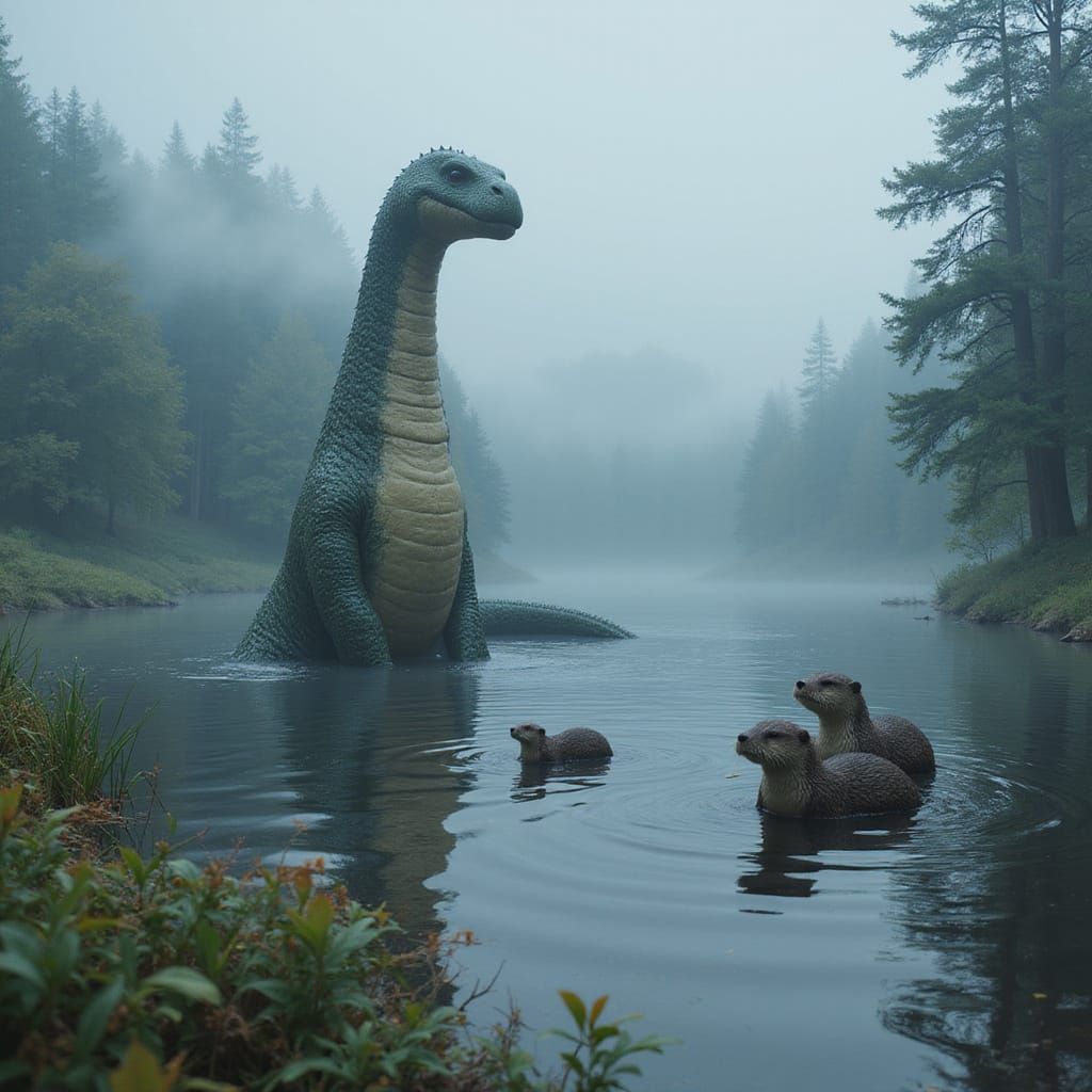 Loch Ness Monster Watching Otters, Matte Painting