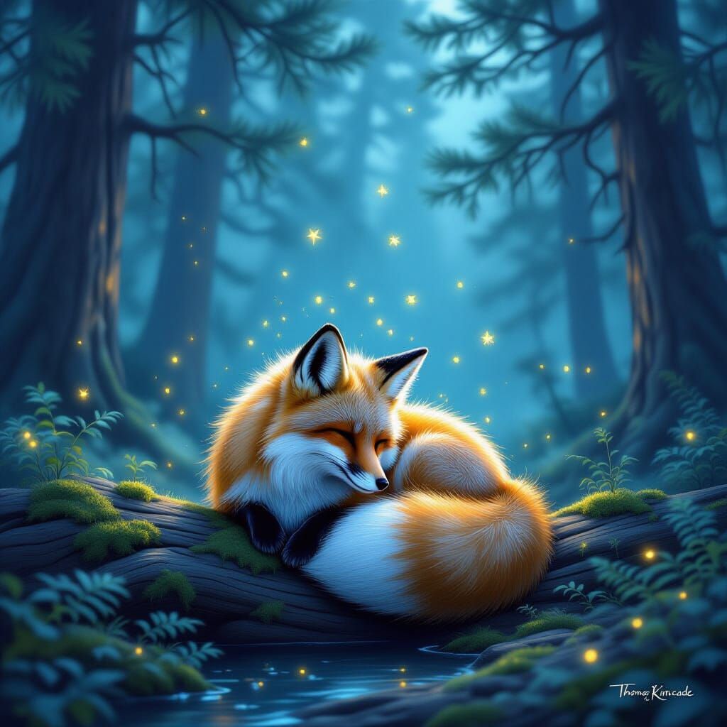 Ethereal Fox Asleep in Misty Forest