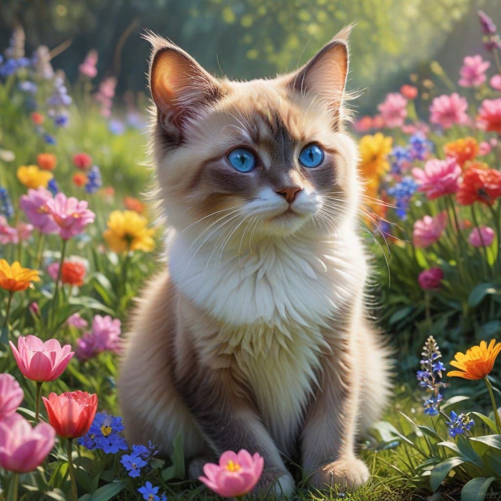 Fluffy Siamese Kitten in Vibrant Spring Garden