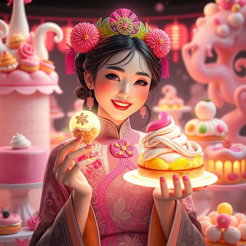 Woman with Neon Pastries in Dreamy Fantasy Style