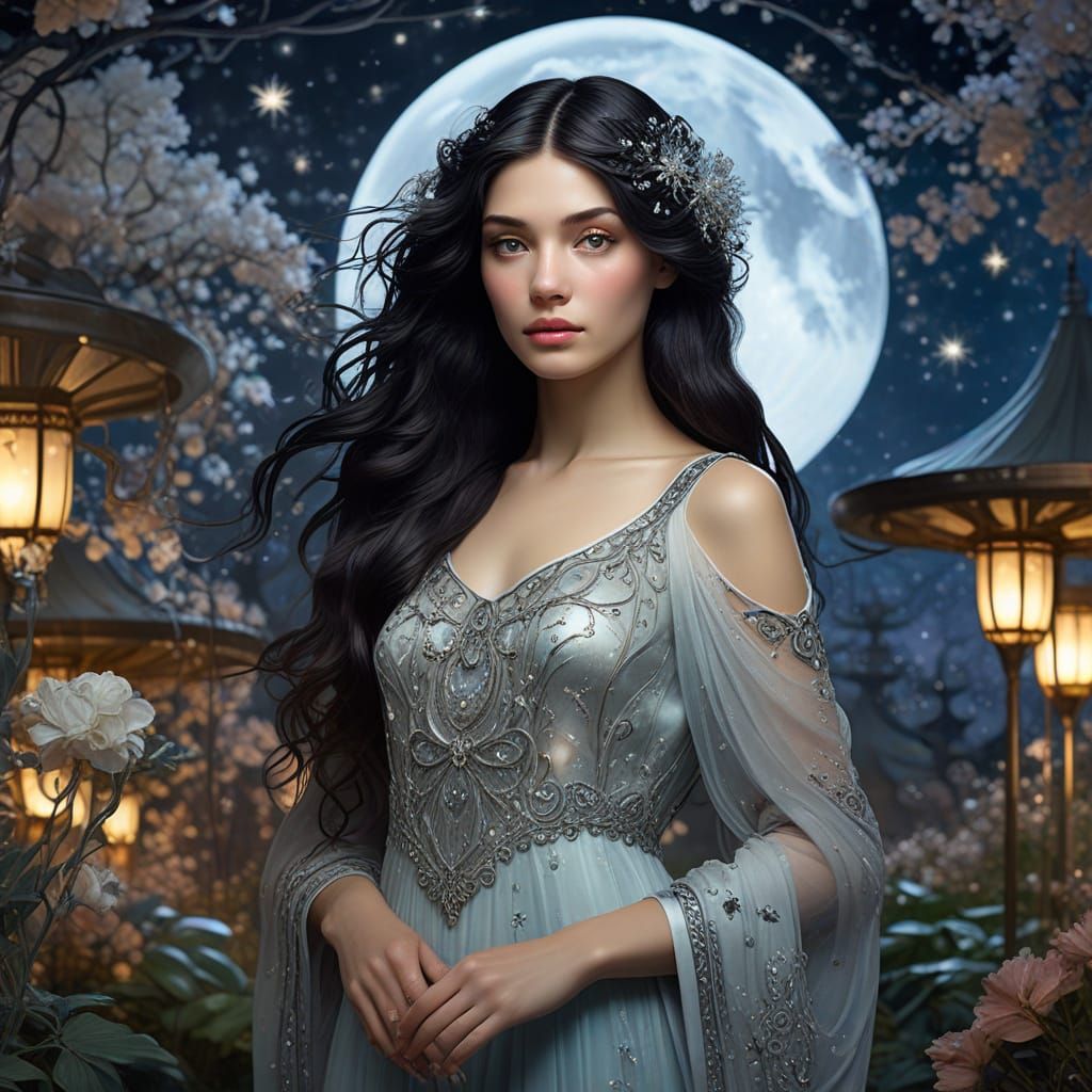 Art Nouveau Woman in Moonlit Garden