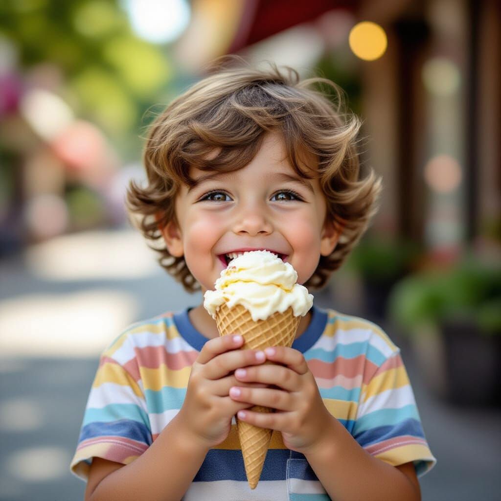 Boy with Laughing Eyes Eating Ice Cream