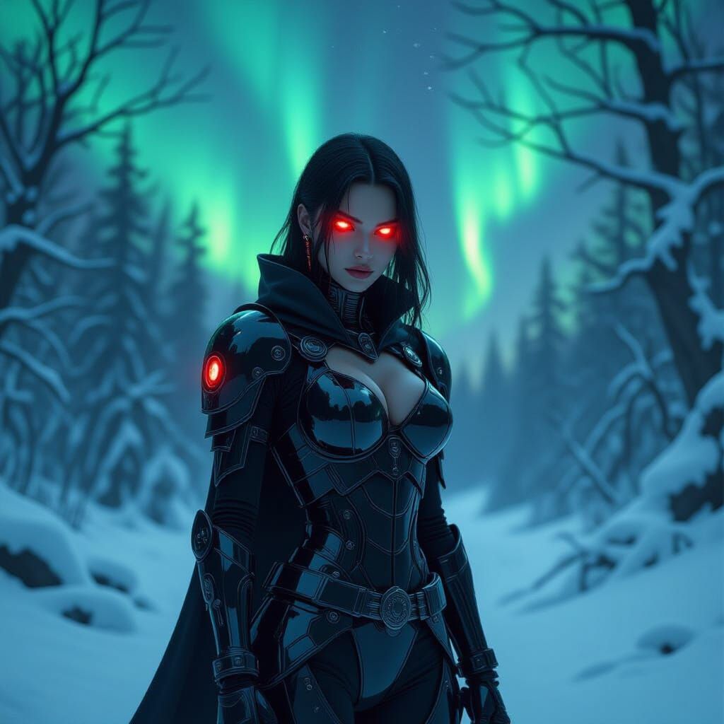 Gothic Cyborg in Snowy Forest with Northern Lights
