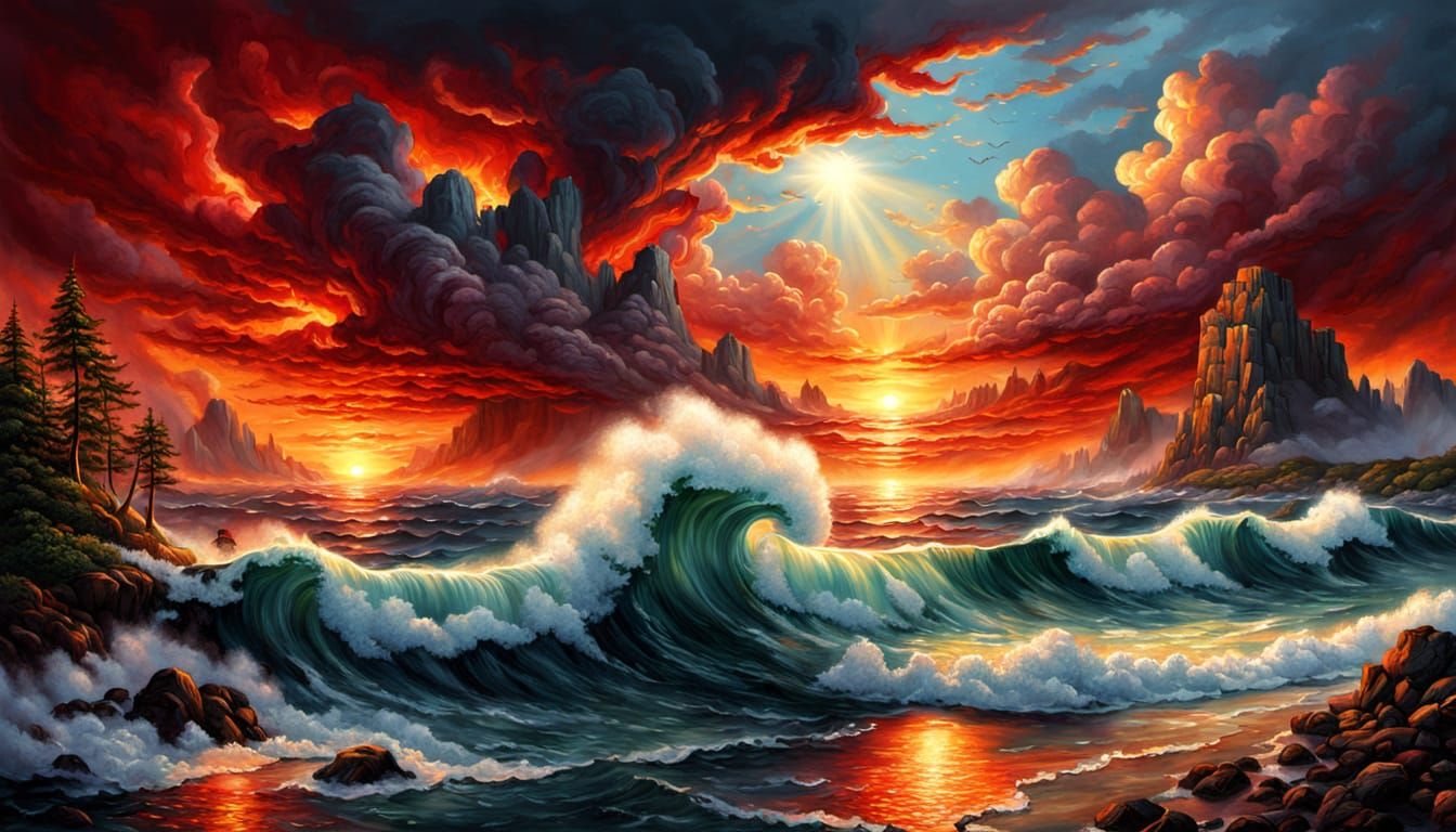Ocean of Flames: Hyperrealistic Fantasy Art