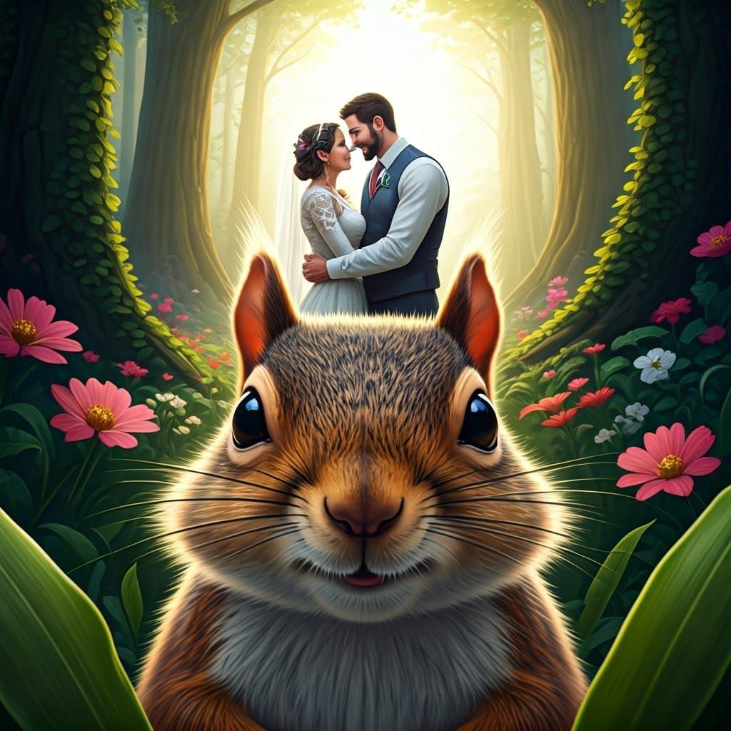Squirrel Photobombs Wedding in Fantasy Realism Style