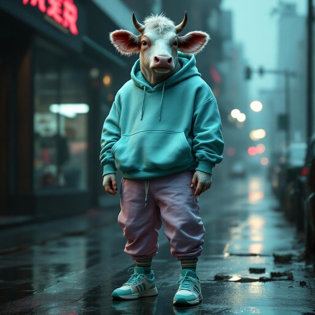 Highland Cow in Streetwear on a Wet Urban Street