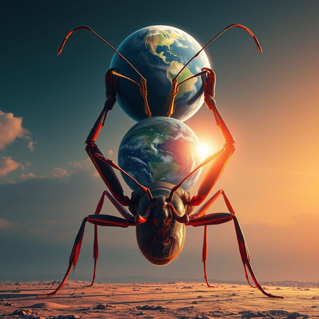 Giant Ant Lifts Earth: A Surreal Cosmic Scene