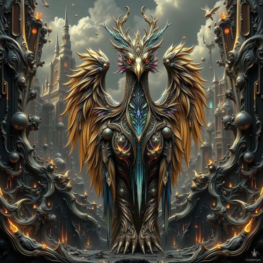 Clockwork Gryphon in Ruined City, Art Nouveau Style