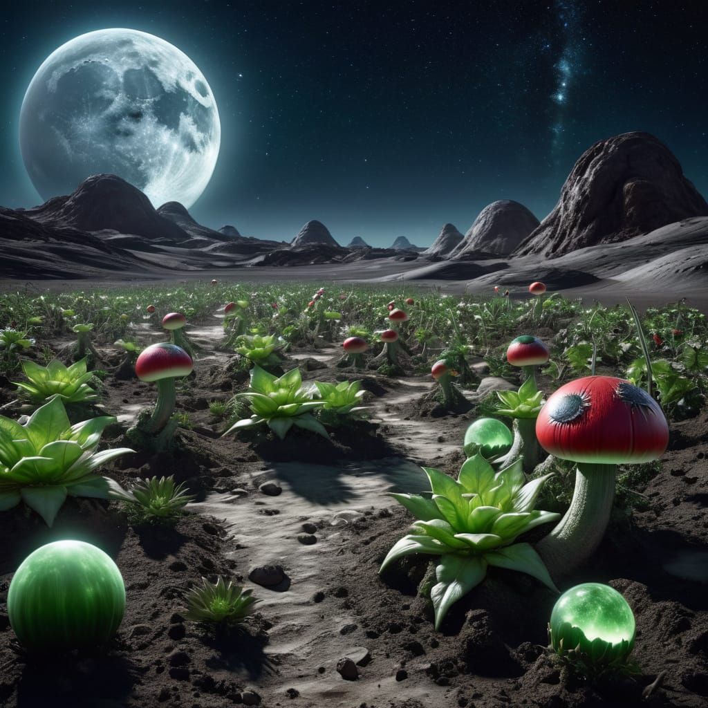 Hyperrealistic Moon Garden with Piranha Plants