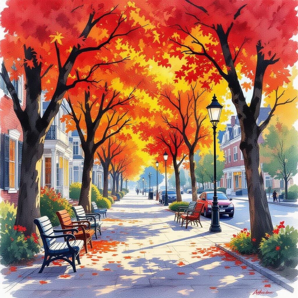 Vibrant Autumn Street Scene in Liquid Ink and Watercolor