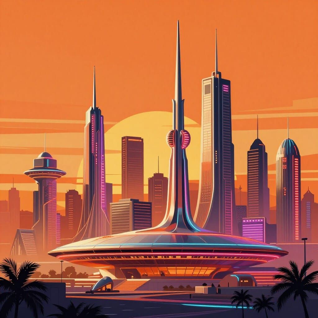 Retro-Futuristic Cityscape at Sunset