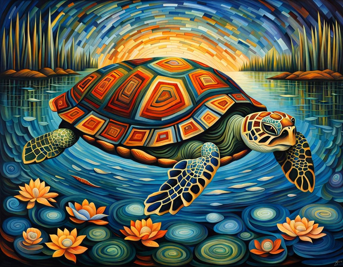 Turtle in Pond with Indigenous Weaving Pattern