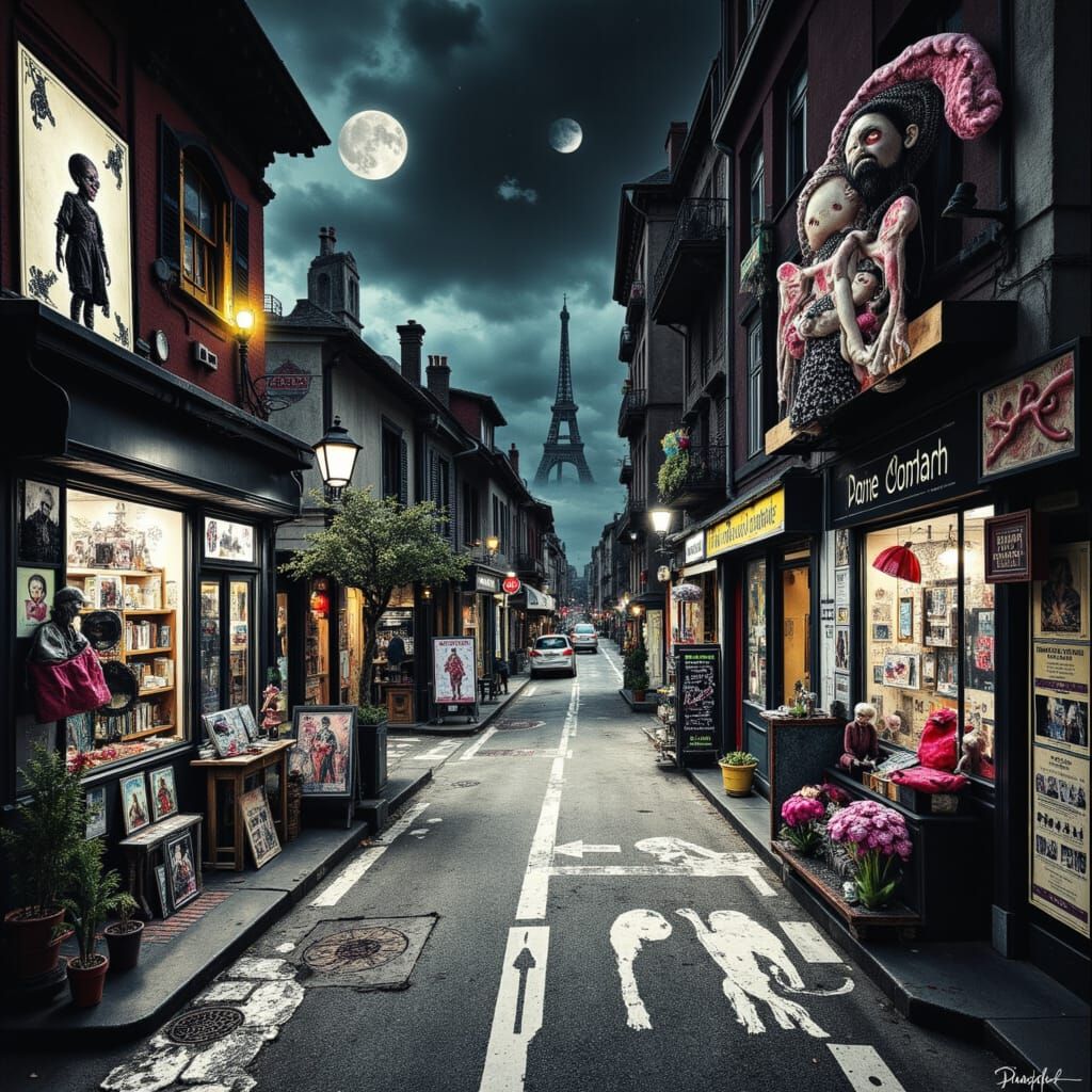 Eerie Night Road with Surreal Card Art in Precisionist Style