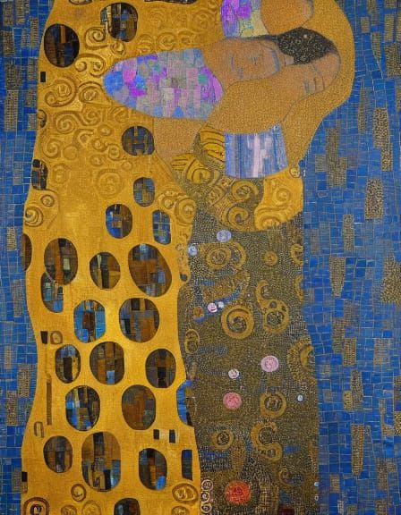 Klimt-Inspired Couple Embracing with Gold Leaf Accents