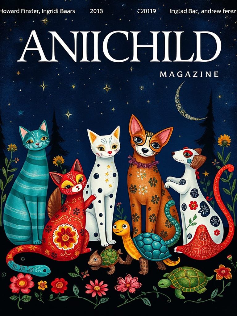 Charming Glass Animals Adorn Magazine Cover in Folk Art Styl...