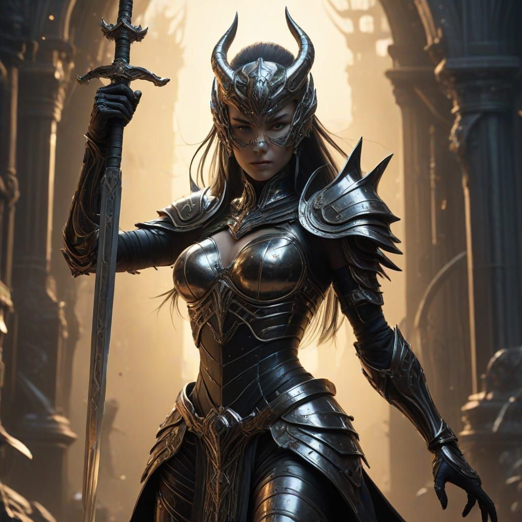 Ethereal Princess Warrior in High-Contrast Epic Fantasy Illu...