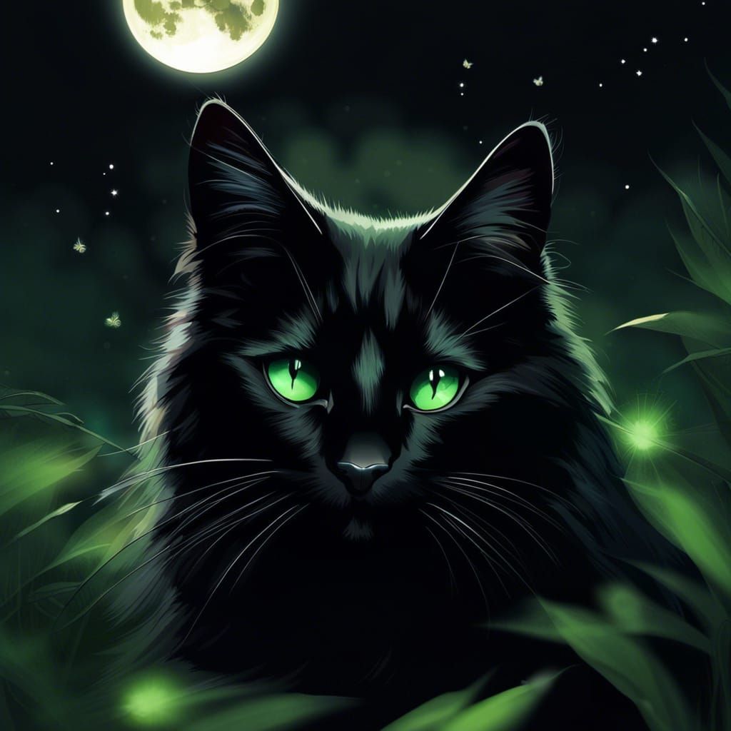 Black Cat with Butterfly in Moonlight