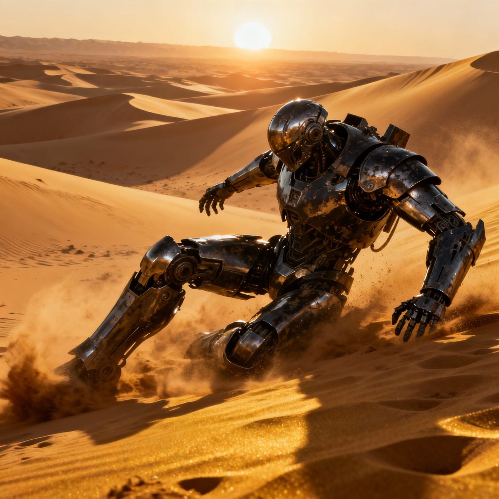 Chrome Robot Warrior Falls in Desert