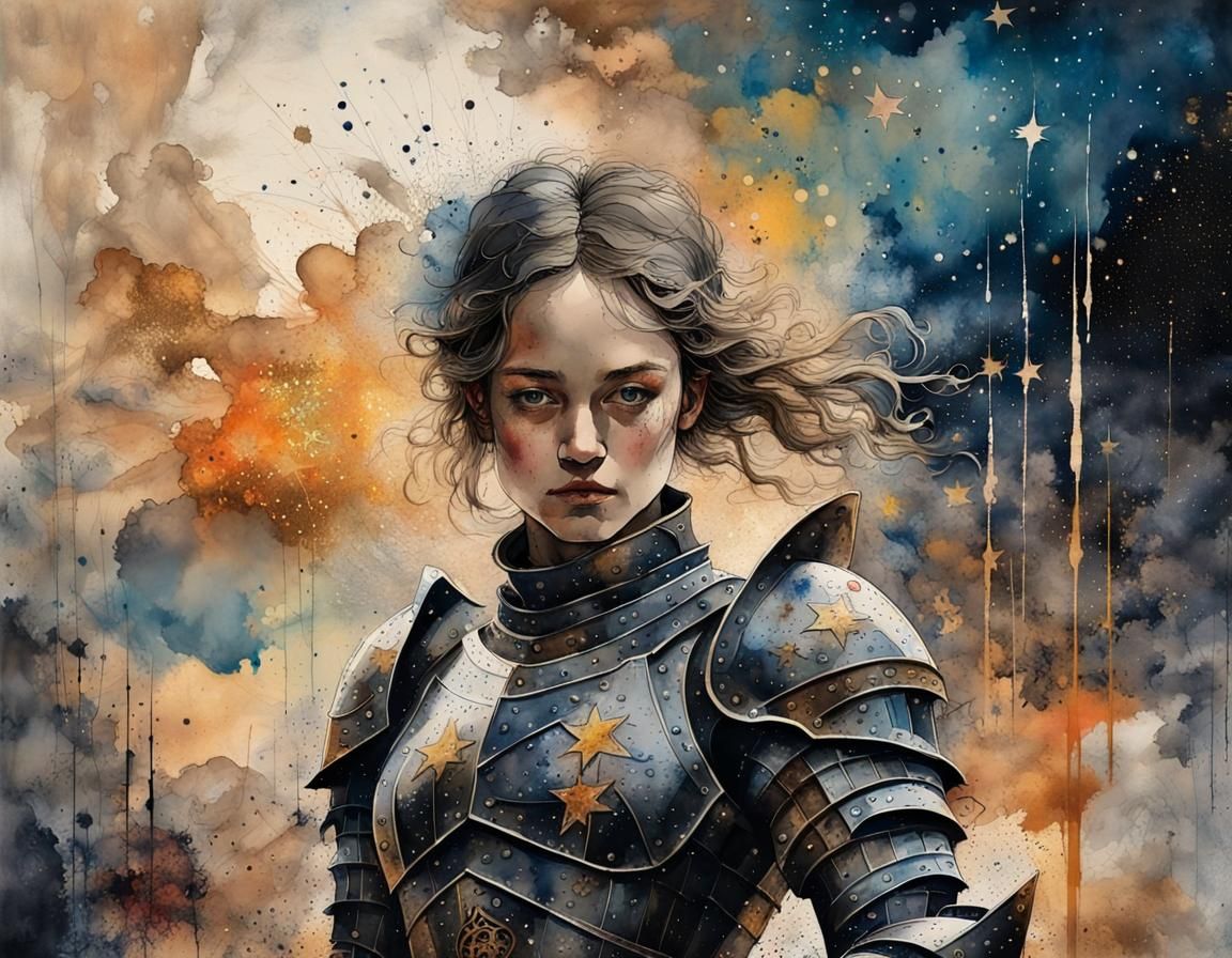 Watercolor Knight on Night Sky with Glitter Stars