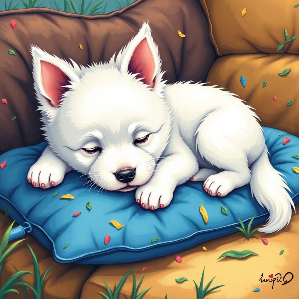 Cute Maltese Dog Sleeping, Anime Art Style