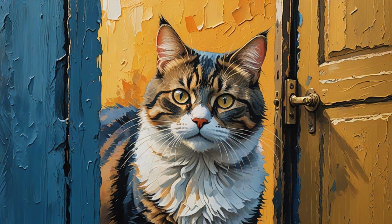 Cat Asks to Enter in Gouache Impressionist Style