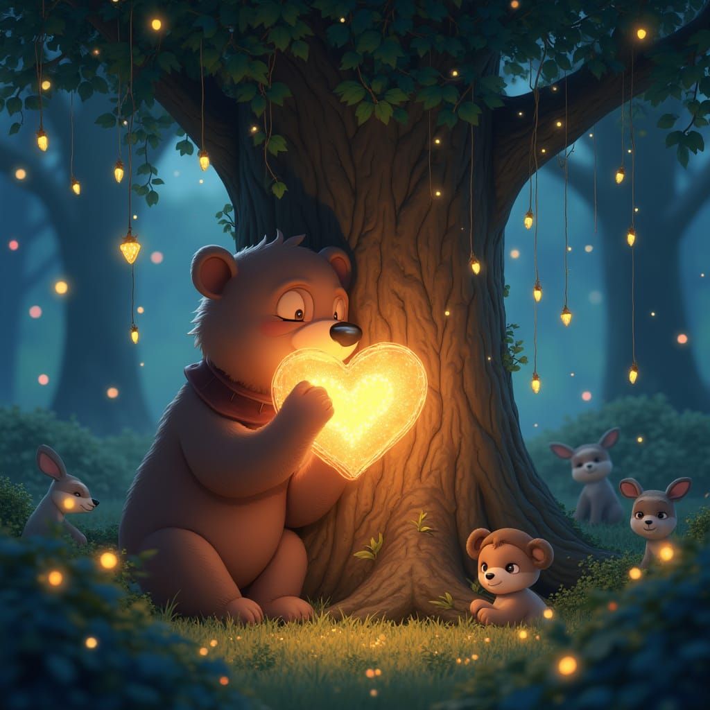 Whimsical Bear Embraces Glowing Tree in Vibrant, Heart-Shape...