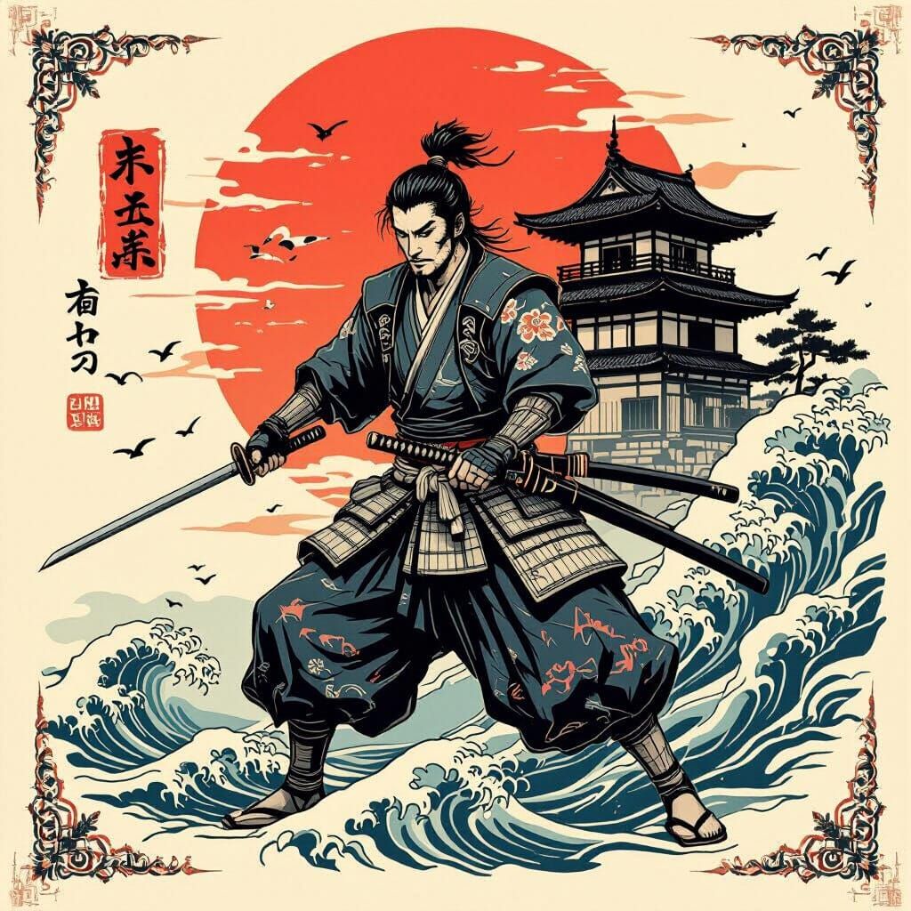 Ronin Warrior with Katana in Tattoo Flash Style