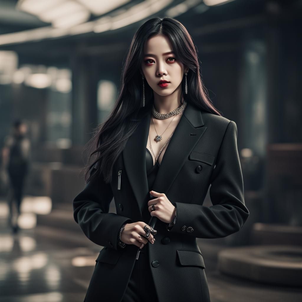 Jisoo as Mafia Boss: Hyperrealistic Full Body Portrait
