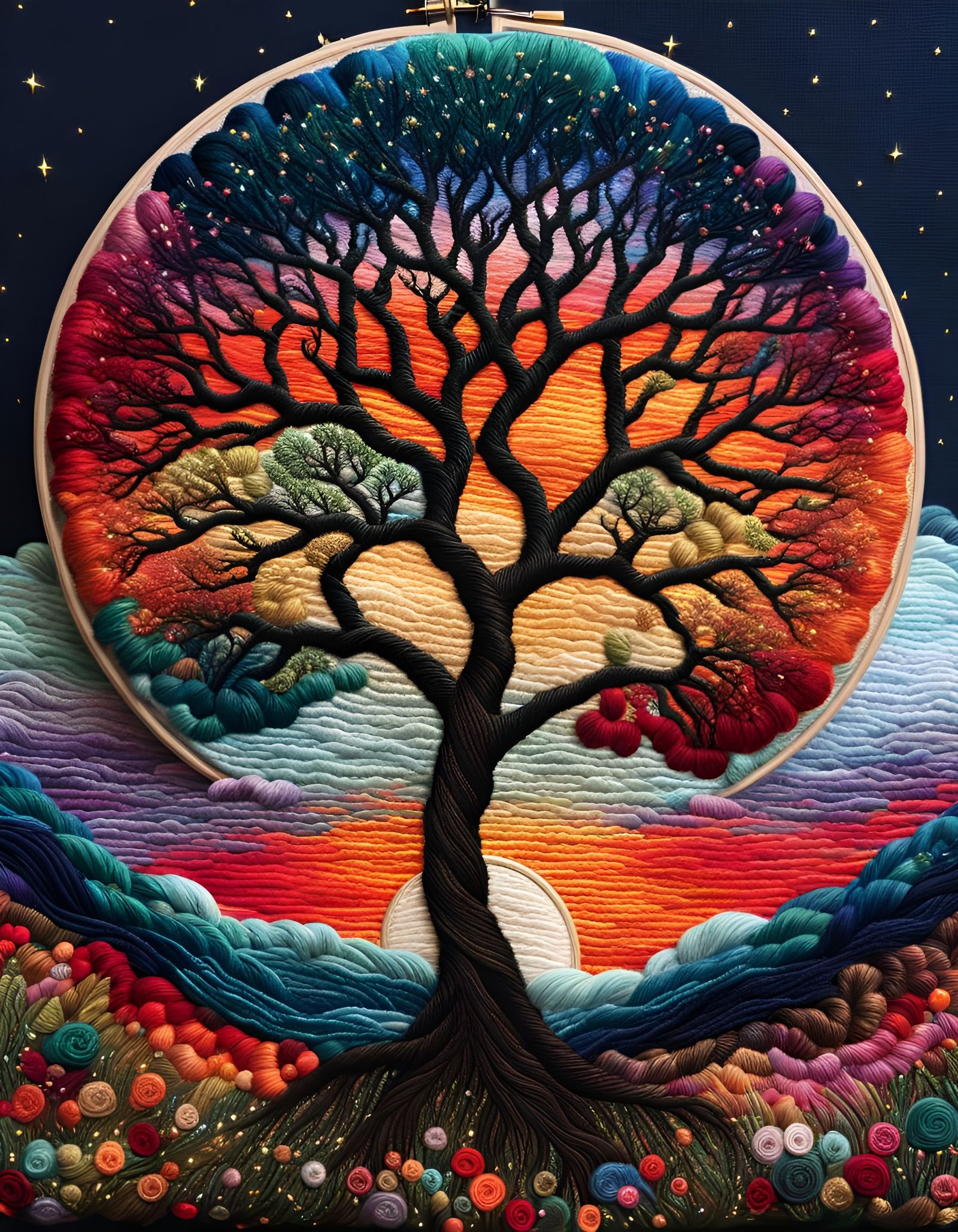 Sparkly Yarn Embroidery Tree at Sunset