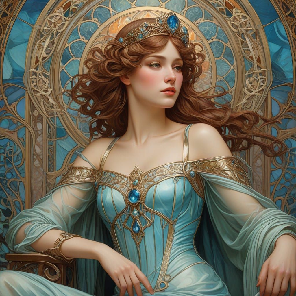Regal Queen on Crystal Throne in Art Nouveau Style