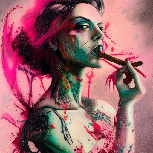 Cyberpunk Tattooed Woman Smoking Cigar in Paint