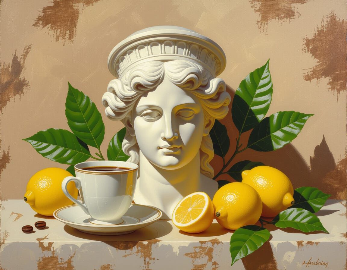 Still Life with Apollo Head, Coffee and Lemons as Oil Painti...