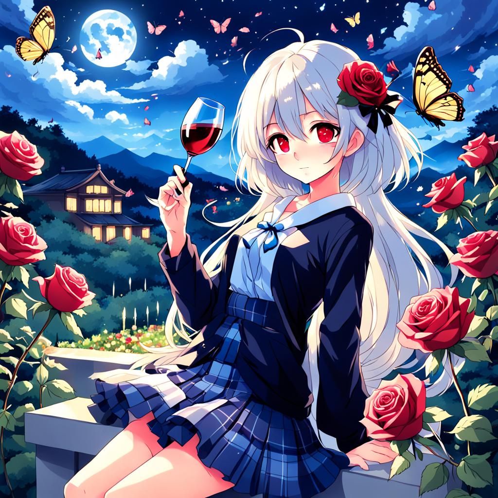 Anime Woman with Butterflies, Roses, and Wine