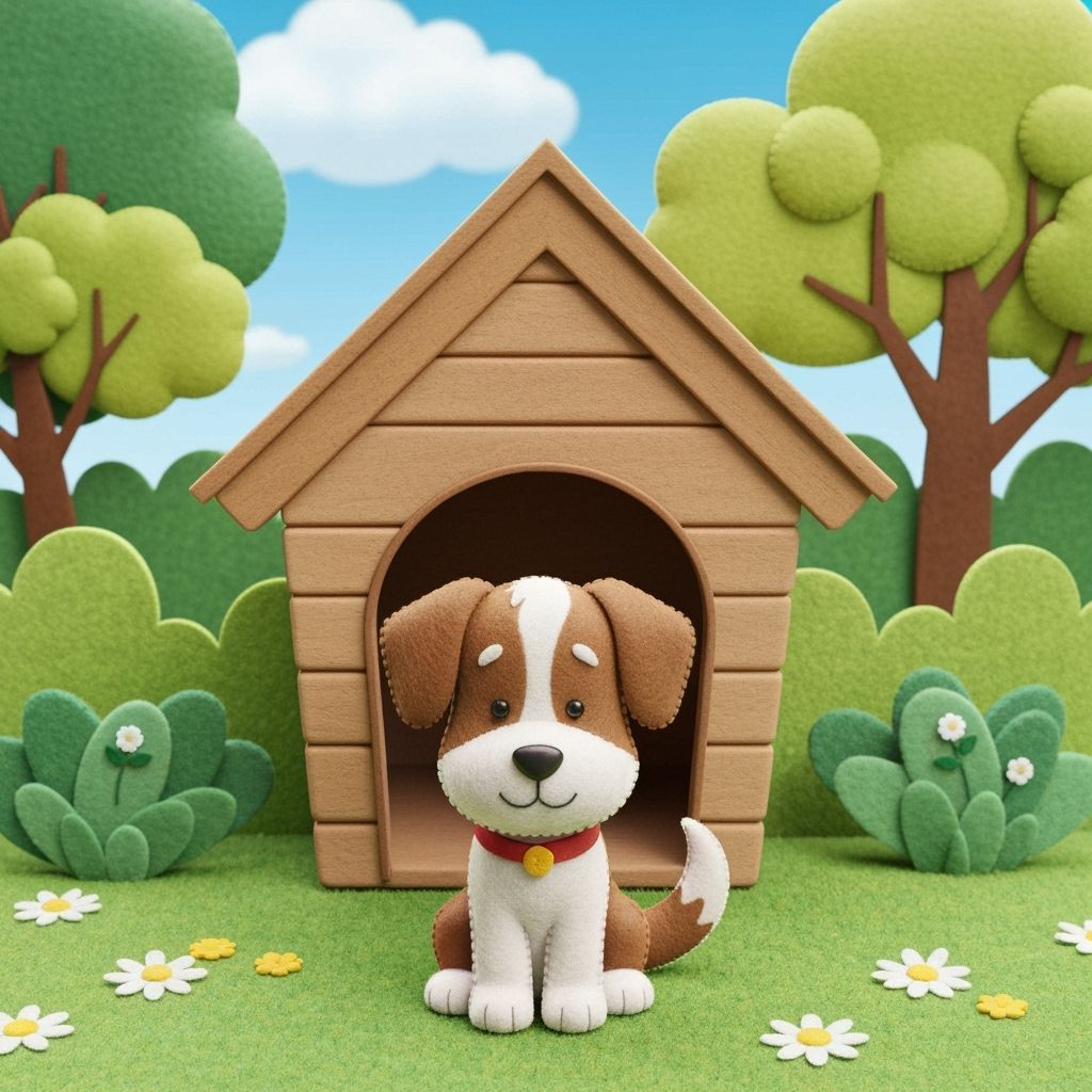 Cute Dog Sits in Garden 3D Felt Style
