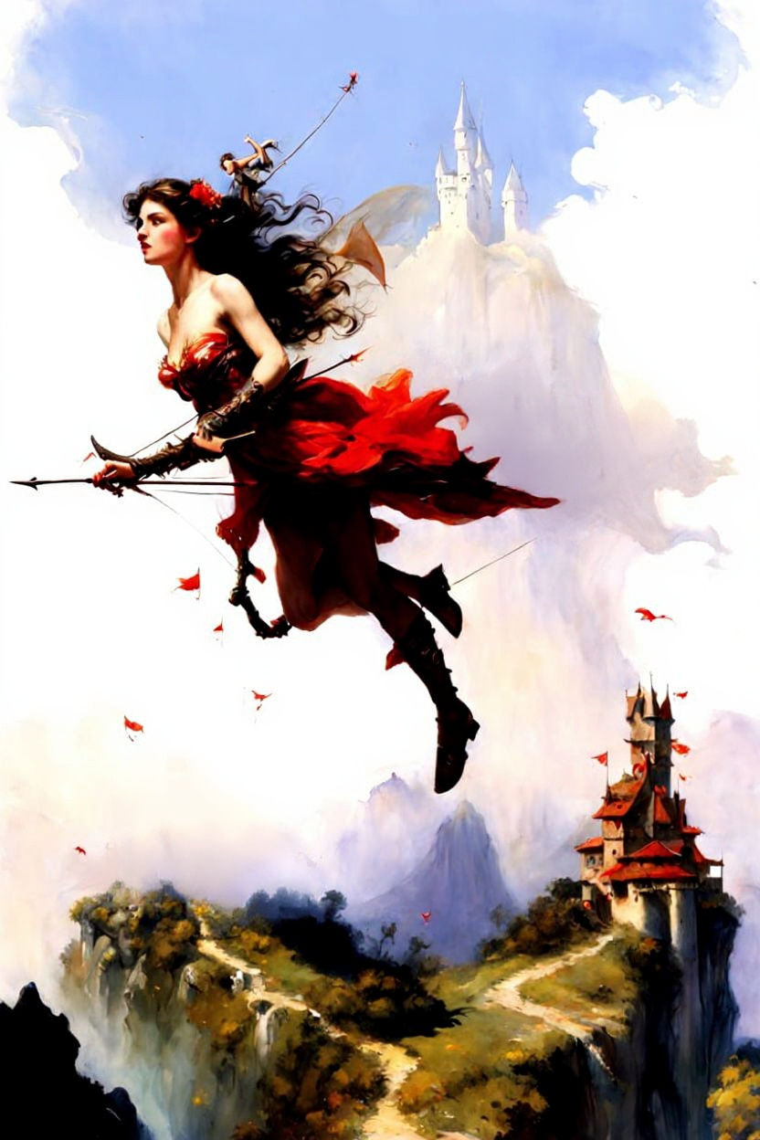 Flying fairy archer, Fantasy castle, detailed background, by...