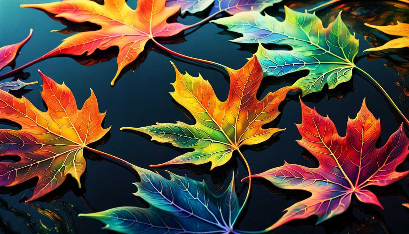 Iridescent Leaf Floating Above Rainbow Pool