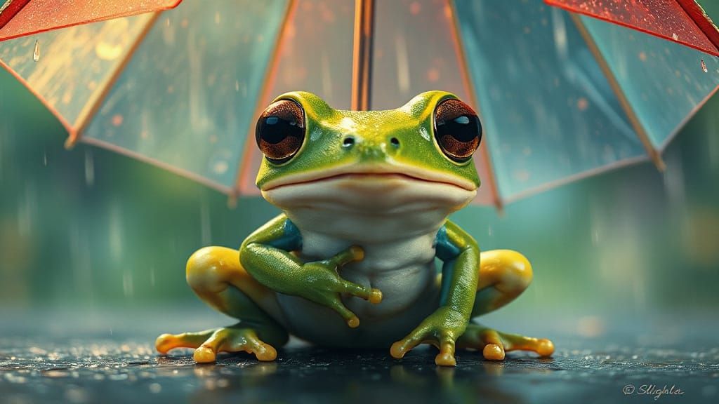 Whimsical Frog Under Rainy Umbrella in Dreamy Digital Art